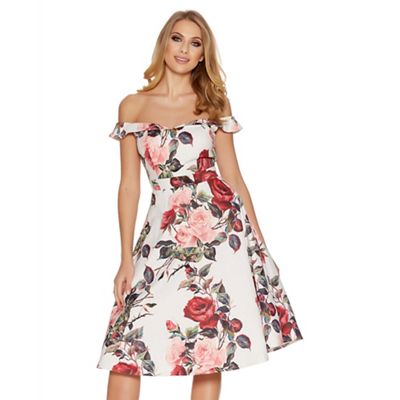 Cream and red floral print bardot prom dress